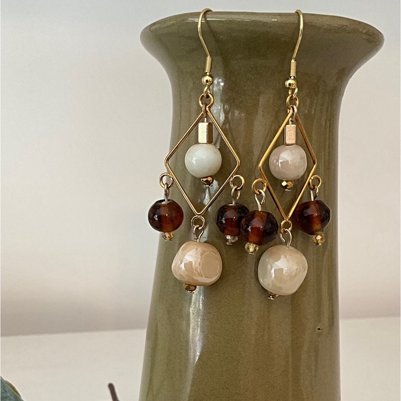 Boho Style Earrings, Autumn Colors Drop Dangle. Rhombus Shape Earrings - Picture 3 of 6